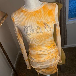 Capsulle Bad Girl Long-Sleeve Orange Tie-Die Side Ruched Flattering Dress